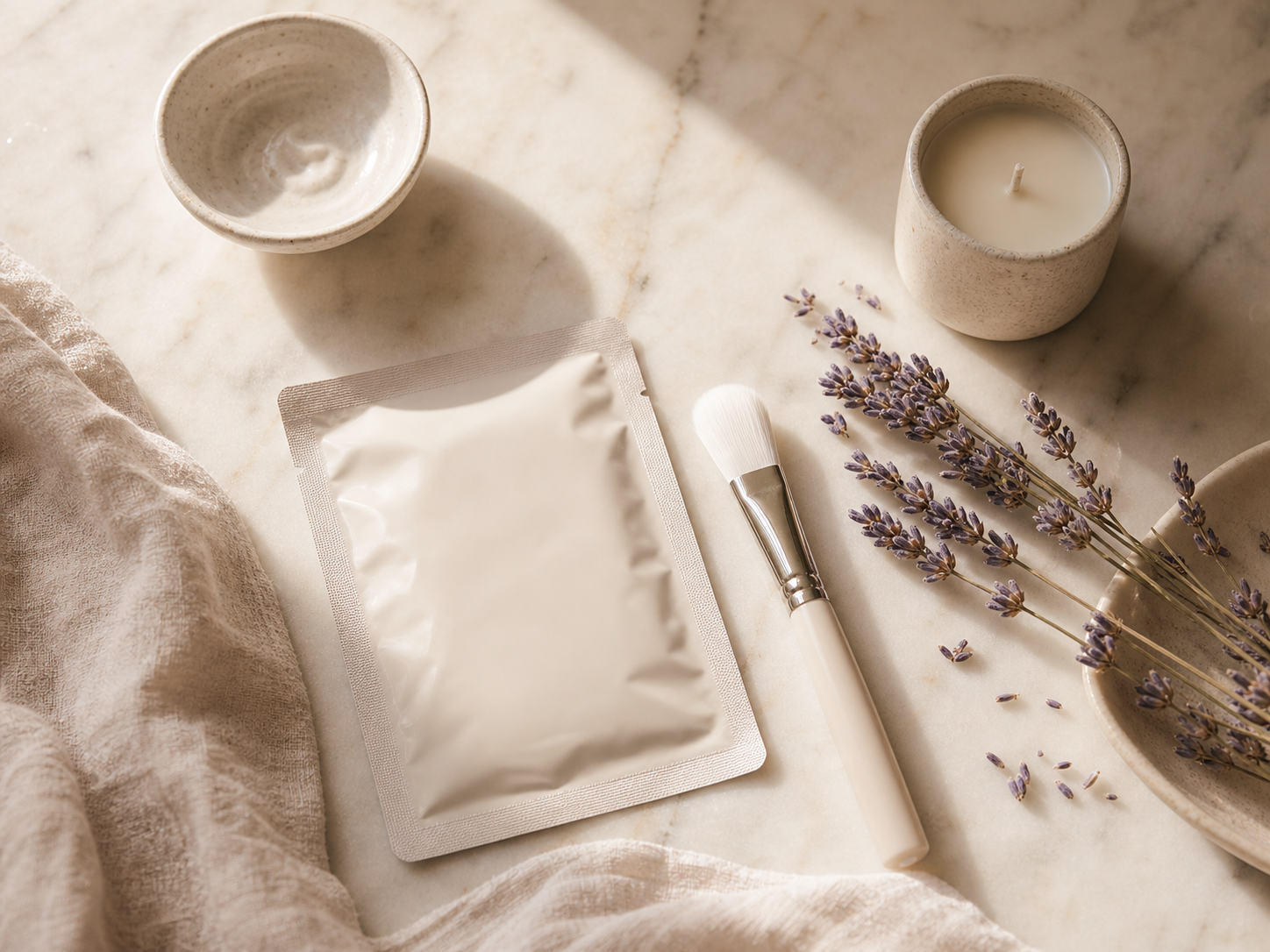 Skincare essentials flatlay op crème marmer — Gun Moment behandeling